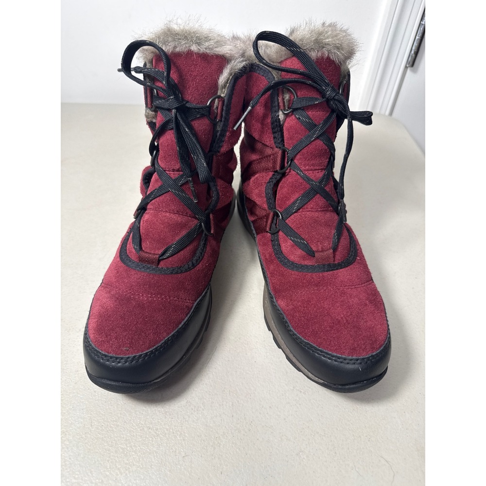 Sorel Tivoli III Waterproof Winter Boots Wine Red Black Faux Fur Trim Women 7.5